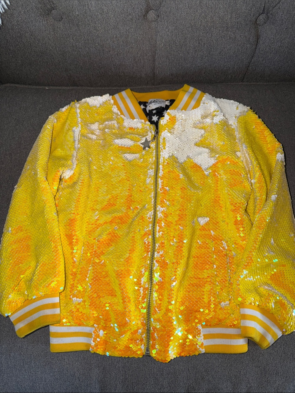 Lola + The Boys Yellow & White Sequin Kids Bomber Jacket